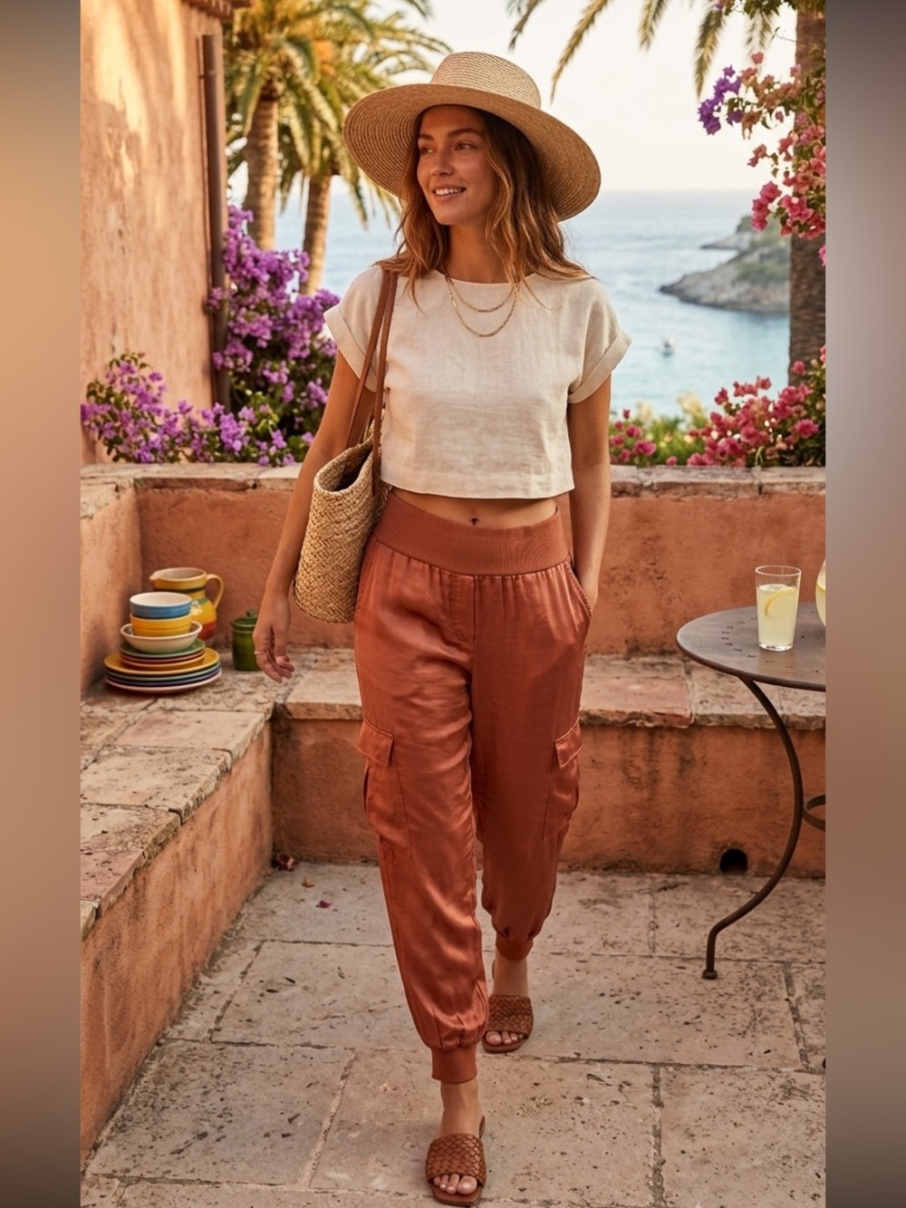 Cinq à Sept Rust Satin Cargo Jogger Pants Size Large